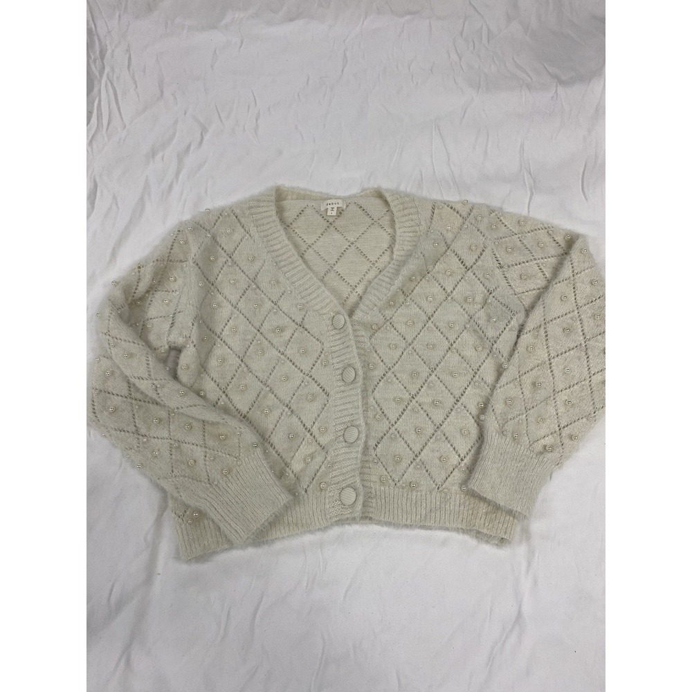 Women's Cream Fuzzy Cropped Cardigan Sweater With Pearls Size L